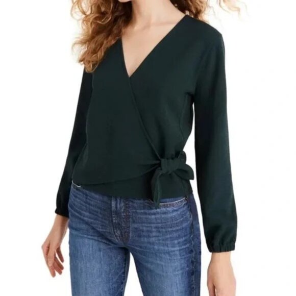 Madewell Texture & Thread Long Sleeve faux wrap top in Smoky Spruce Crepe S - Picture 1 of 8